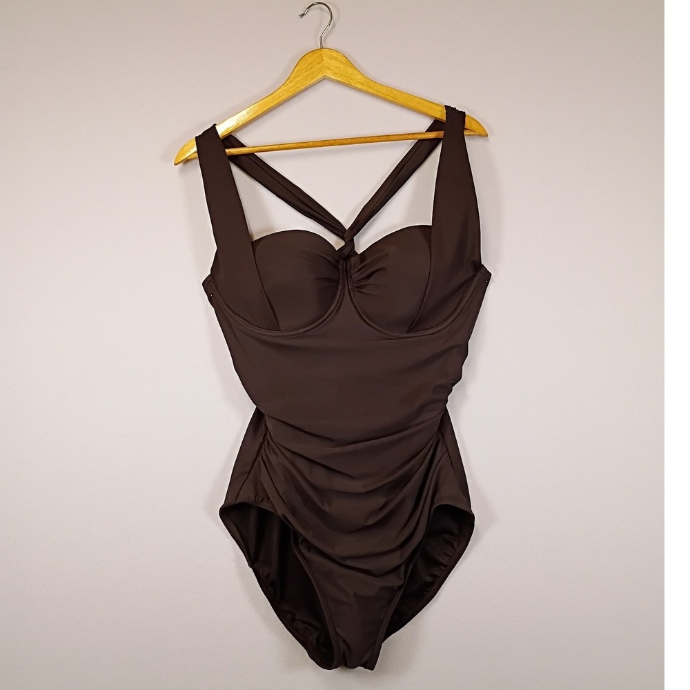 Classic Retro Lands End Womens 14 Brown Ruched Underwire One Piece Swimsuit